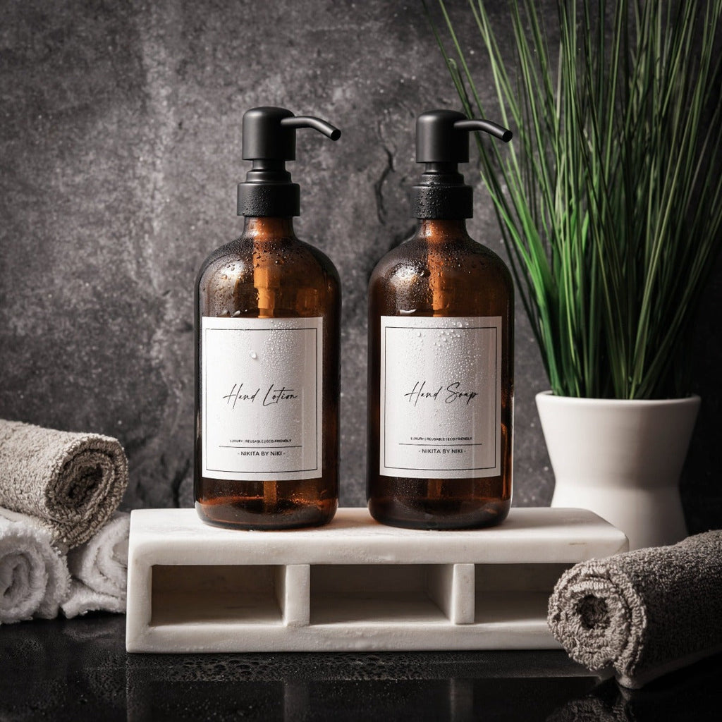 Amber Glass Kitchen or Bathroom Soap Dispensers - Set of 2