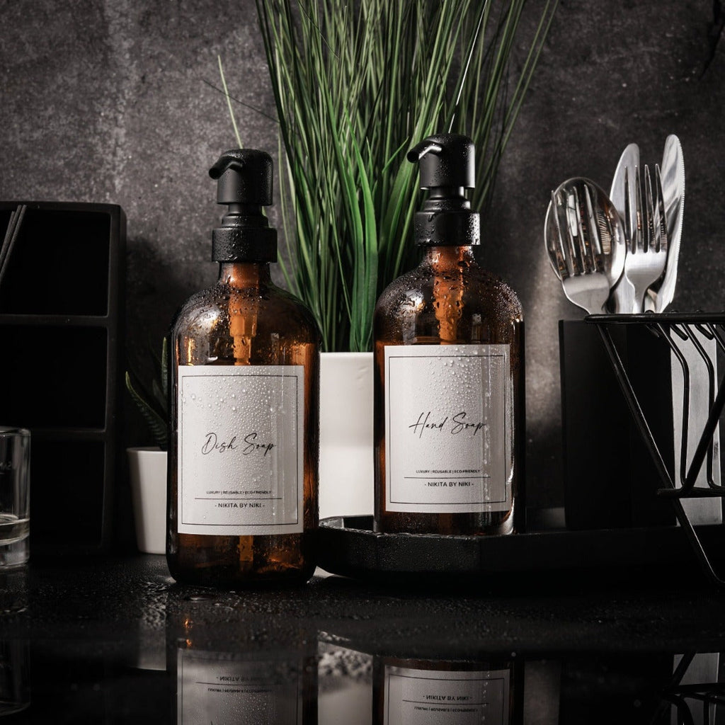 Amber Glass Kitchen or Bathroom Soap Dispensers - Set of 2
