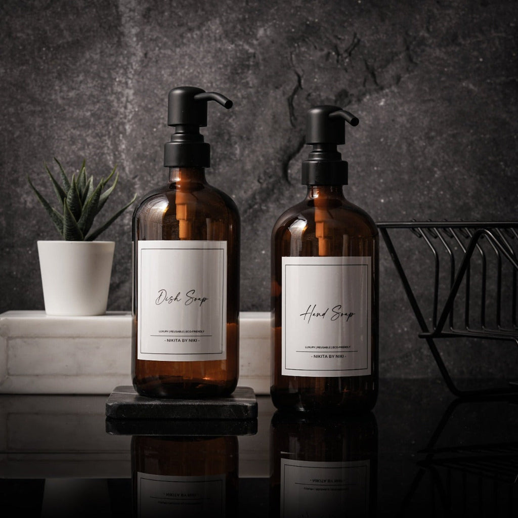 Amber Glass Kitchen or Bathroom Soap Dispensers - Set of 2